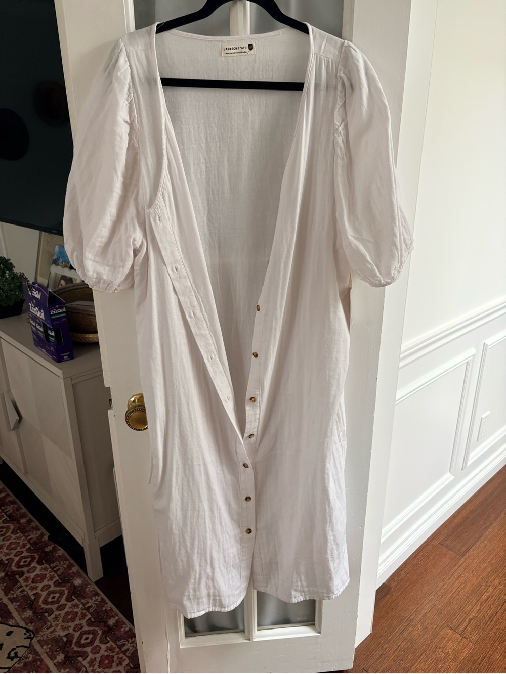 Jackson Rowe White Button-Front Puff Sleeve Midi Dress